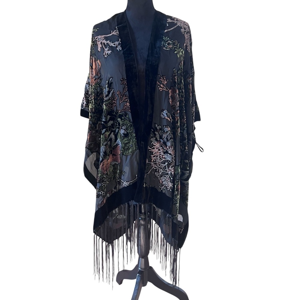 Burnout Velvet Floral Fringe Kimono Shawl Black Boho Whimsigoth One Size